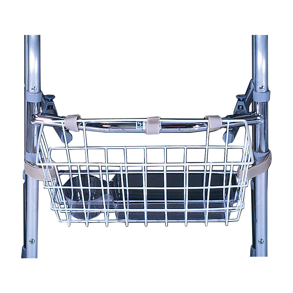 The AliMed Walker Basket, a metal grid basket attached to a walker, with straps and a dark tray inside.