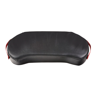 A black AliMed BreakAway Lap Cushion with red handles on each side.