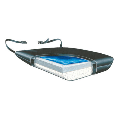 The SkiL-Care Ultra Gel-Foam Vinyl Wedge Wheelchair Cushion, featuring layers of gel and foam with an adjustable strap.