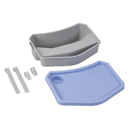 The Drive Medical E-Z Walker Caddy, featuring a grey bin, a blue tray with cup holder, and adjustable attachments.