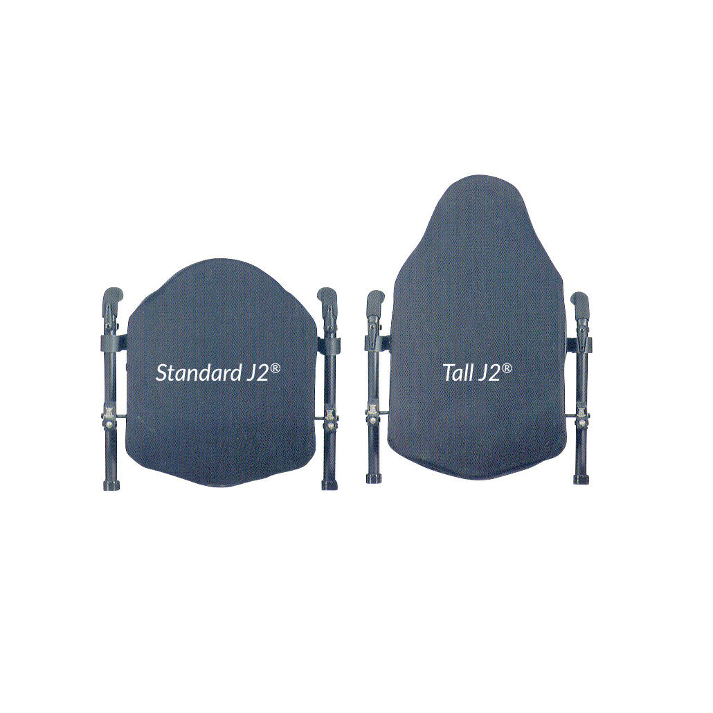 Two JAY J2 Wheelchair Backs are shown: the Standard J2 on the left and the Tall J2 on the right, both with adjustable supports.