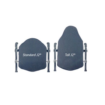 Two JAY J2 Wheelchair Backs are shown: the Standard J2 on the left and the Tall J2 on the right, both with adjustable supports.