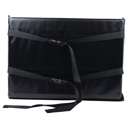 A SkiL-Care Wheelchair Leg Support with black leather-look material, featuring adjustable straps and buckles for attachment.