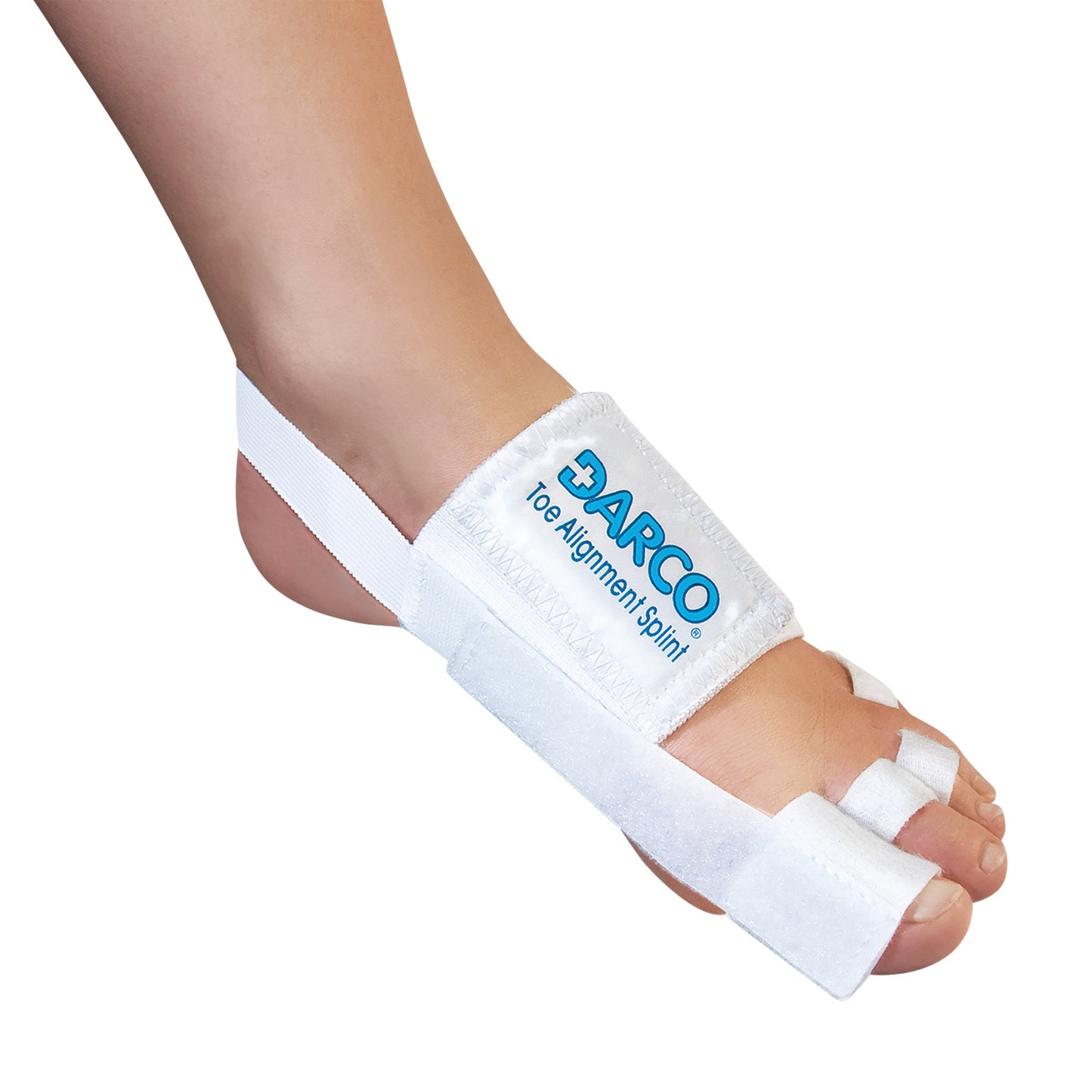 A DARCO Toe Alignment Splint is worn on a foot, designed to separate and align the toes, with adjustable white straps for support.