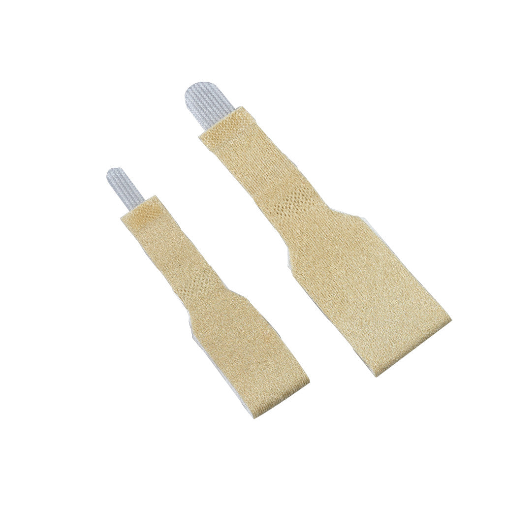 Two beige 3pp Toe Loops, one larger and one smaller, shown with gray elastic ends for securing around the toes.