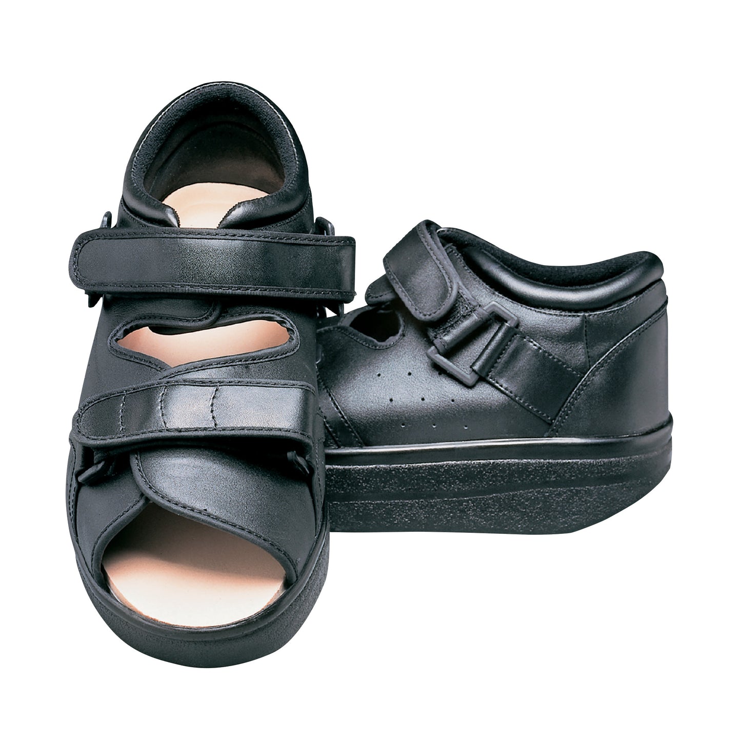 The DARCO Open Toe Wound Care Shoe System features black shoes with adjustable straps and open-toe design for medical use.