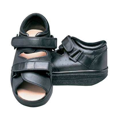 The DARCO Open Toe Wound Care Shoe System features black shoes with adjustable straps and open-toe design for medical use.