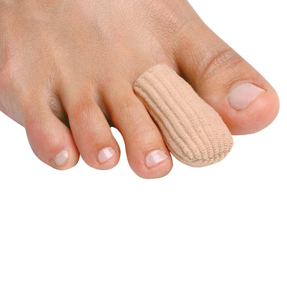 A foot with the second toe wearing a PediFix Visco-GEL Digital Cap, a beige ribbed protector for cushioning and protection.