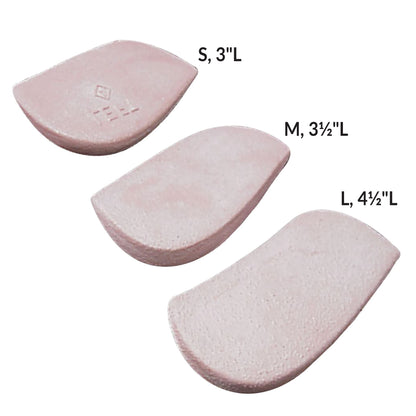 Three Molded Rubber Heel Wedges in sizes S (3"), M (3 1/2"), and L (4 1/2") shown in a pinkish color against a white background.