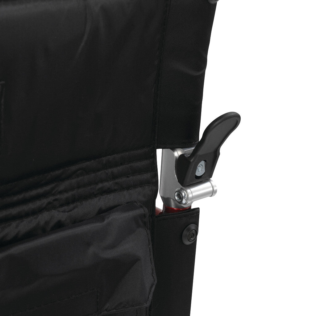 Close-up of the locking mechanism and fabric of a Drive Medical Fly-Lite Aluminum Transport Chair, featuring a black folding seat.