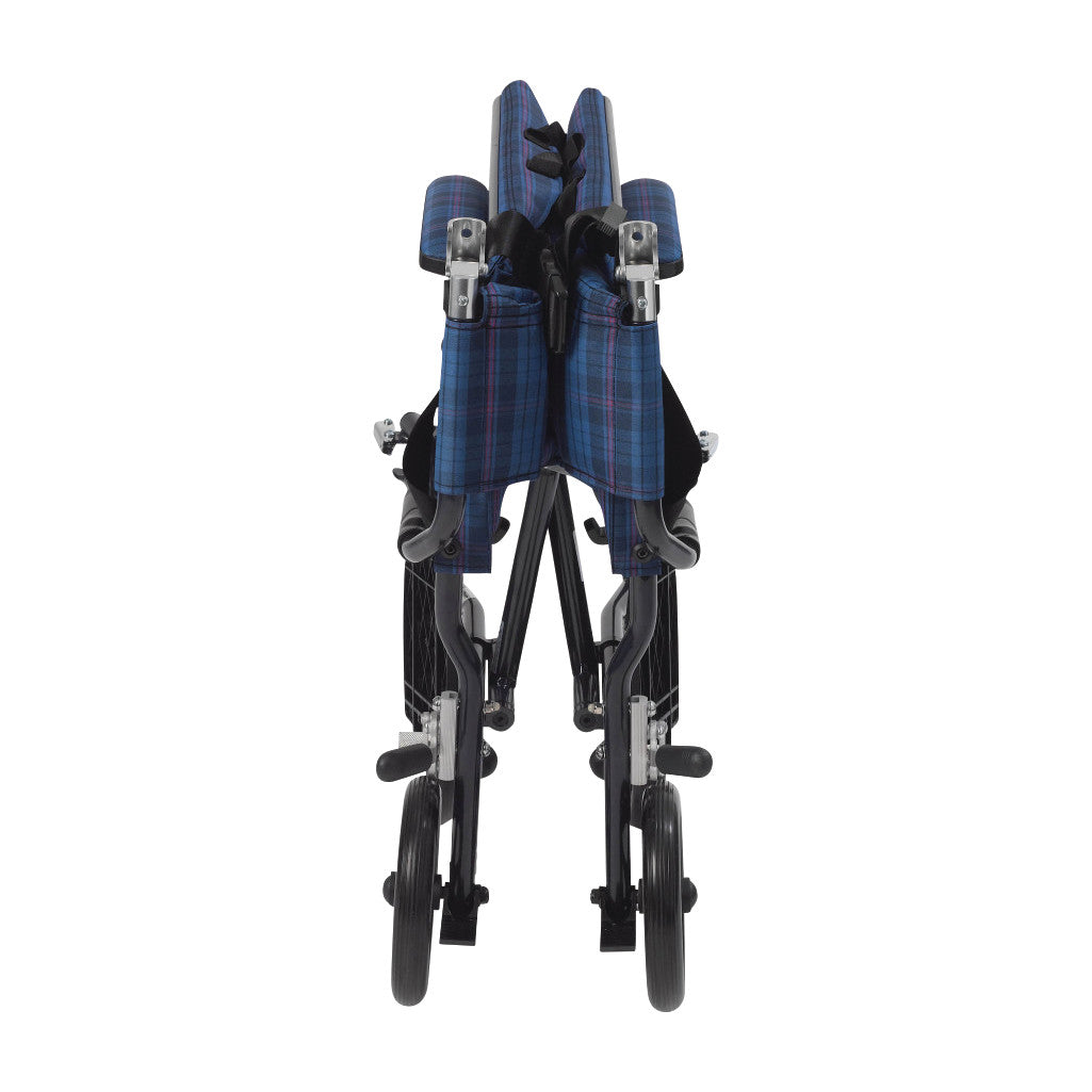 A folded Drive Medical Fly-Lite Aluminum Transport Chair with a blue plaid seat and black frame.