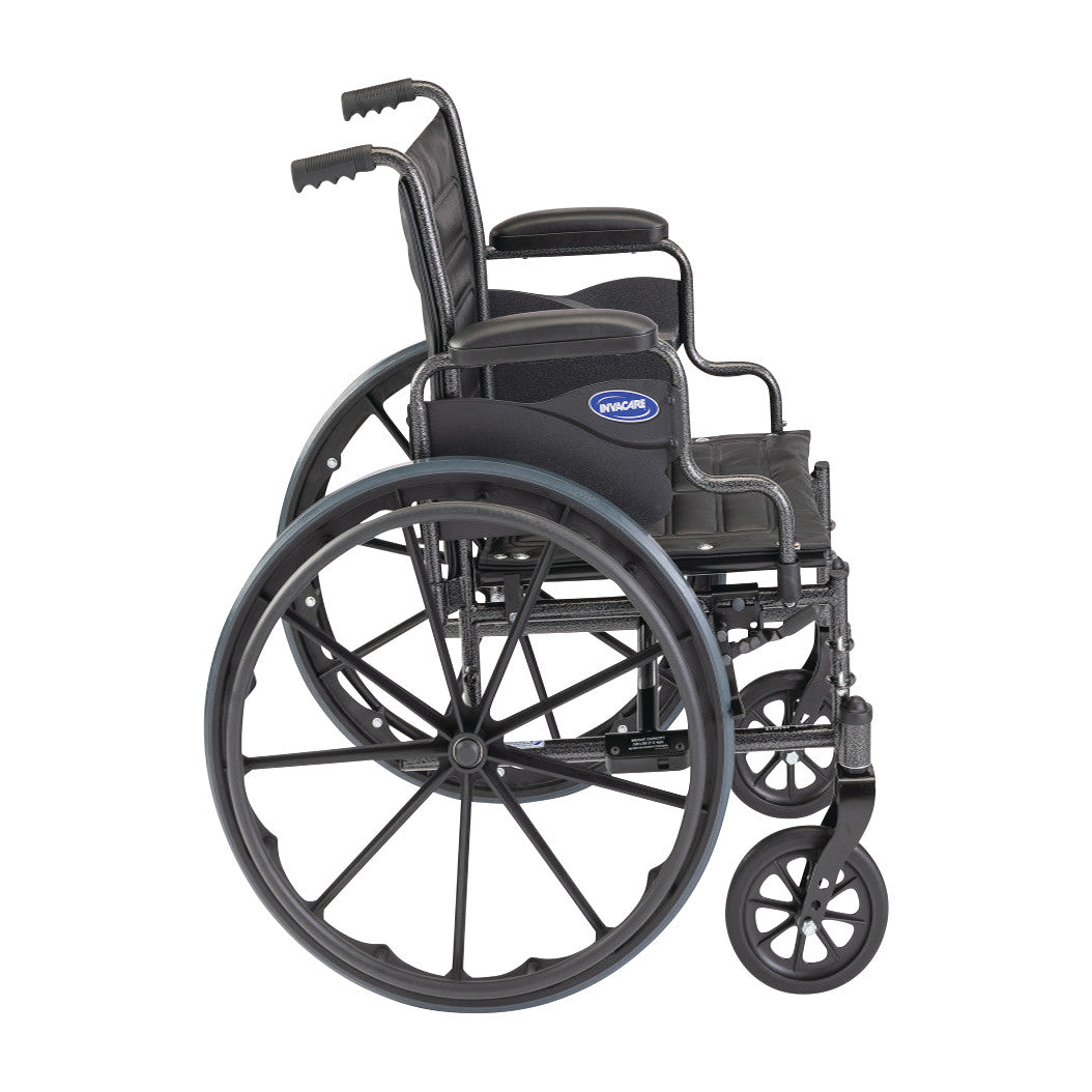 Side view of an Invacare Tracer EX2 Wheelchair with Removable Fixed-Height Desk Arms, featuring large rear wheels and armrests.