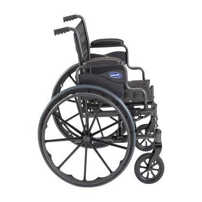 Side view of an Invacare Tracer EX2 Wheelchair with Removable Fixed-Height Desk Arms, featuring large rear wheels and armrests.