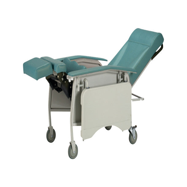 An Invacare Deluxe Geri-Chair with wheels, featuring an adjustable teal seat and backrest for comfort and mobility.