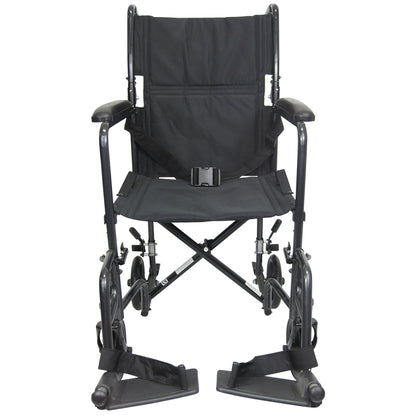 A Karman T-2000 Series Lightweight Transport Chair with a black frame and fabric, featuring armrests and footrests.