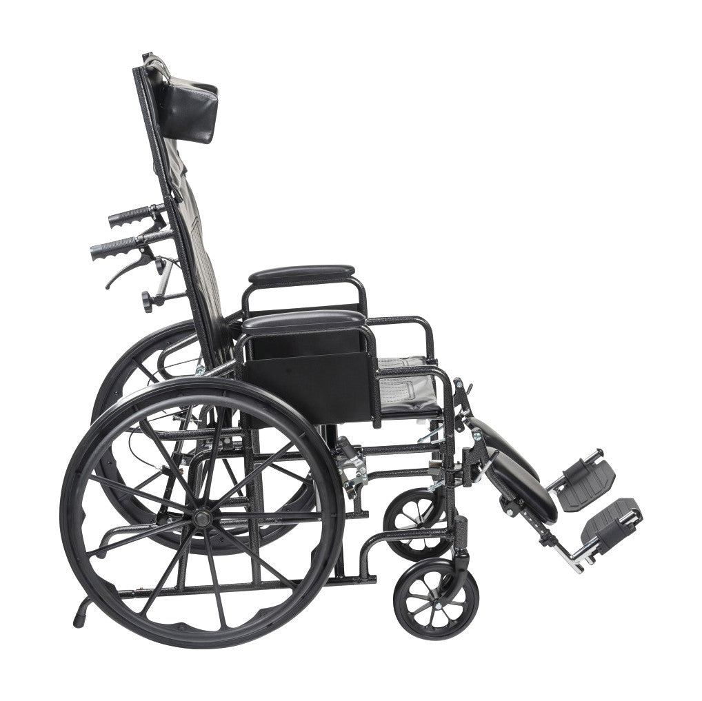 A Drive Medical Silver Sport Full-Reclining Wheelchair with Removable Desk Arms. It's viewed from the side.