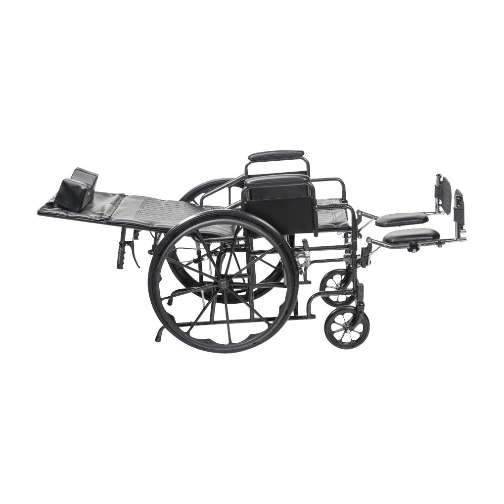 Drive Medical Silver Sport Full-Reclining Wheelchair with Removable Desk Arms, featuring extended leg support and reclining back.