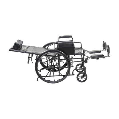 Drive Medical Silver Sport Full-Reclining Wheelchair with Removable Desk Arms, featuring extended leg support and reclining back.
