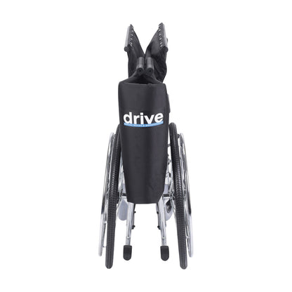 A folded Drive Medical Sentra EC Heavy-Duty Extra-Wide Wheelchair, viewed from the front, displaying its compact design.