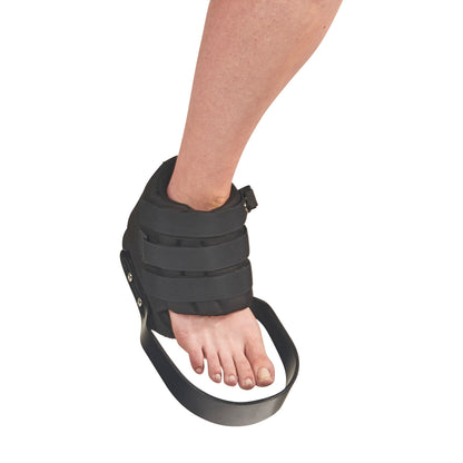 Leg in an AliMed Open Forefoot Orthosis with black straps, supporting an injured foot.