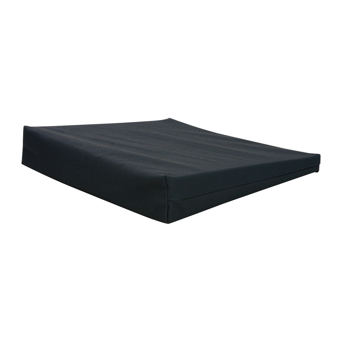 A black AliMed Basic Wedge Wheelchair Cushion with a slightly inclined design and smooth cover.