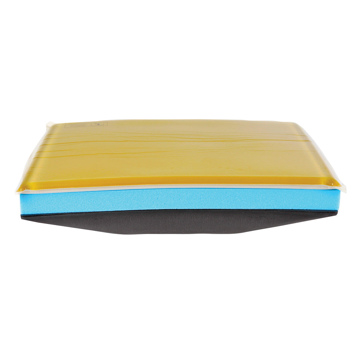 Side view of the AliMed T-Gel Plus Wheelchair Cushion with Solid Seat Insert, showing layers of yellow, blue, and black material.