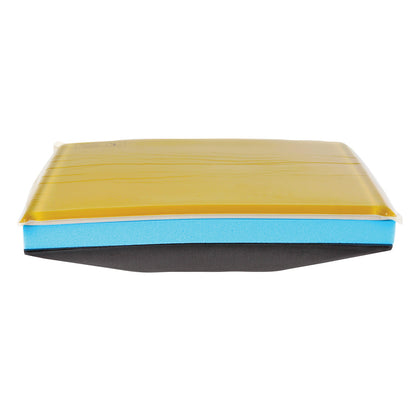 Side view of the AliMed T-Gel Plus Wheelchair Cushion with Solid Seat Insert, showing layers of yellow, blue, and black material.