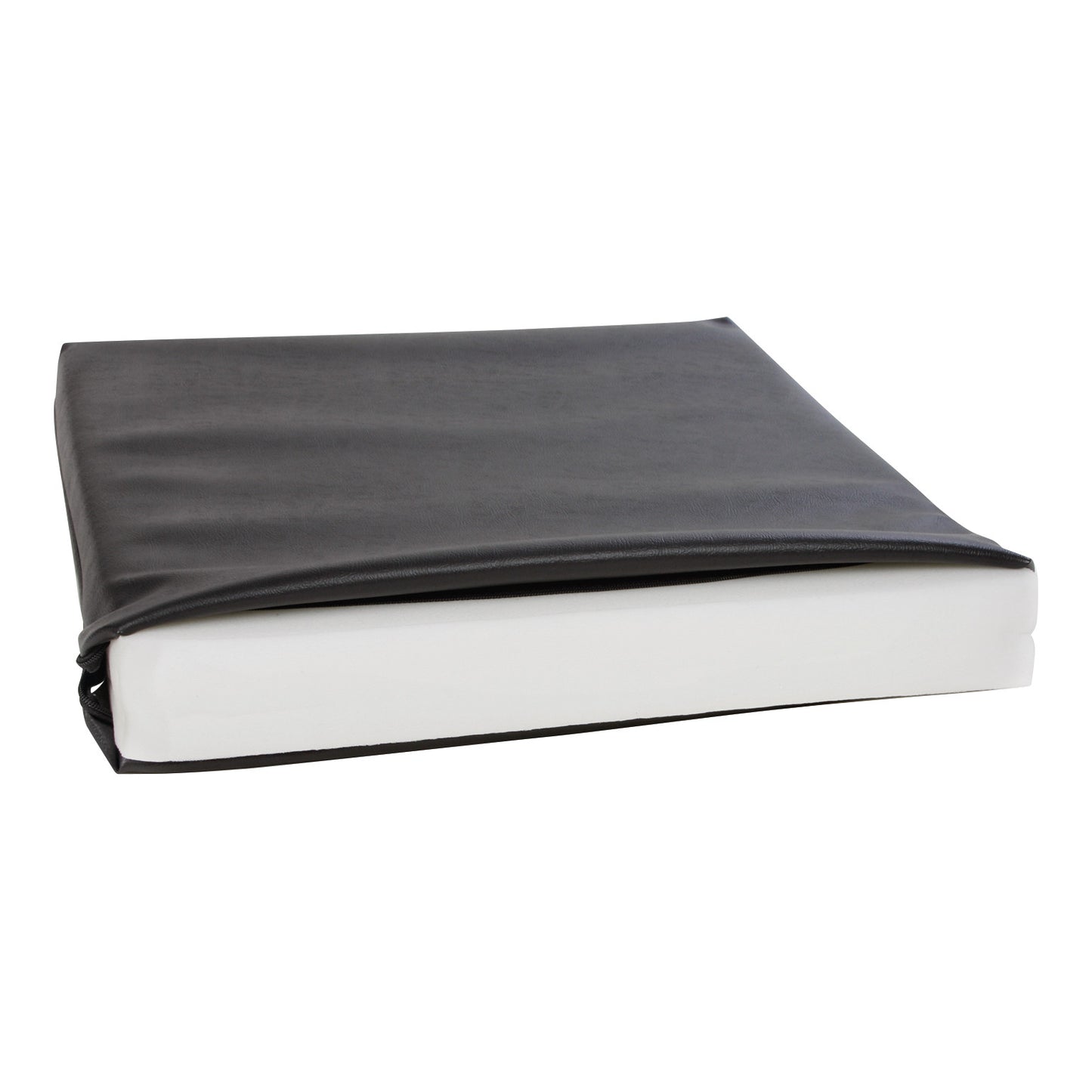 An AliMed Polyfoam Utility Wheelchair Cushion, featuring a white foam base and a partially covering black fabric cover.