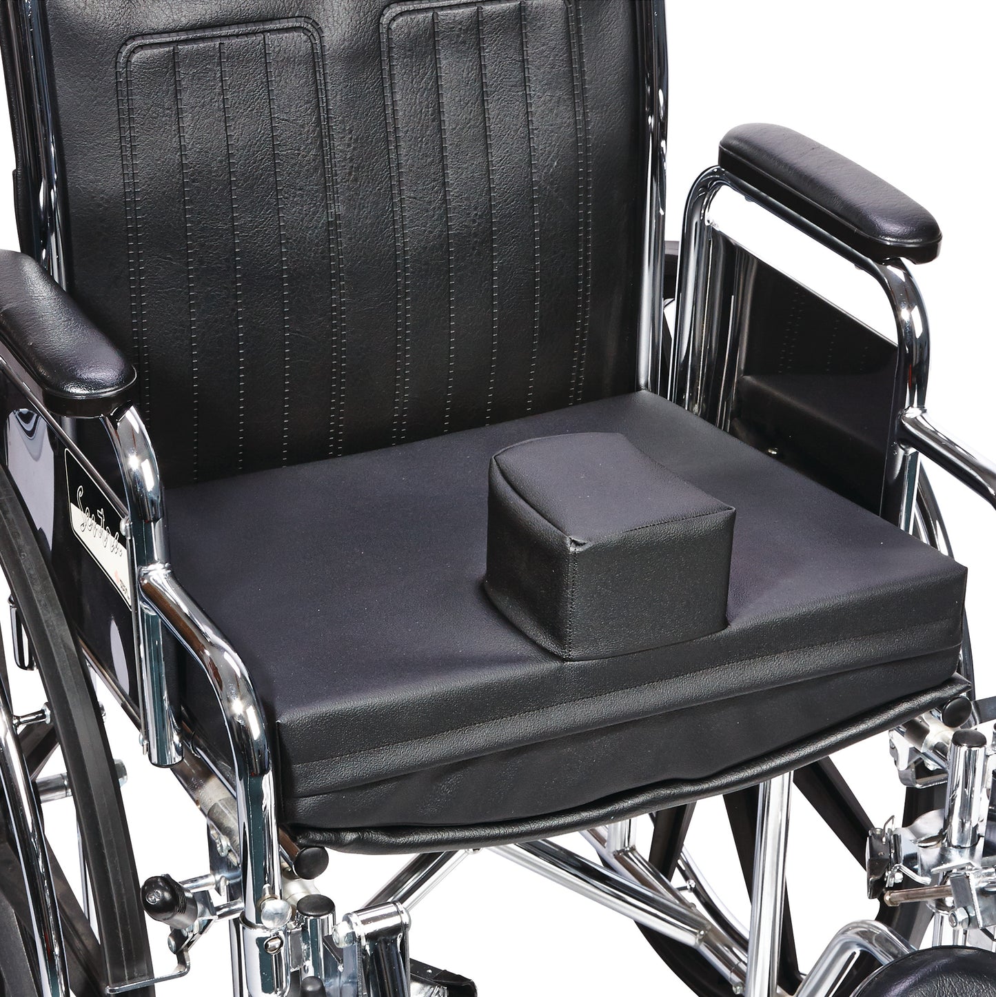 An AliMed Sit-Straight Wheelchair Cushion with Semirigid Pommel on a black wheelchair, providing added support.