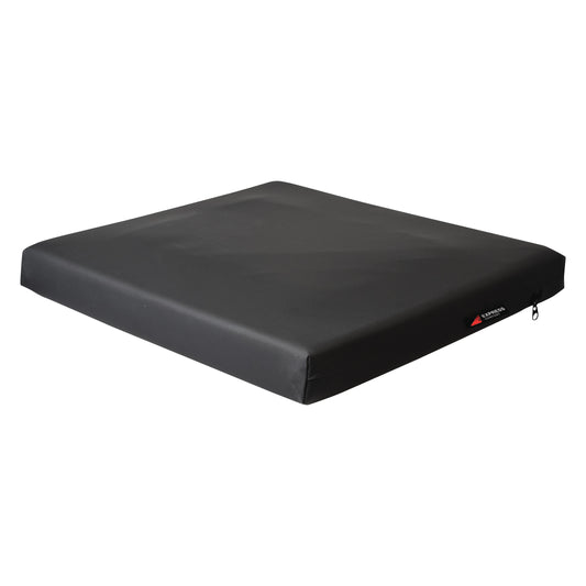 An Express Comfort Gel Wheelchair Cushion, featuring a black, sleek design with a zip closure on the side.