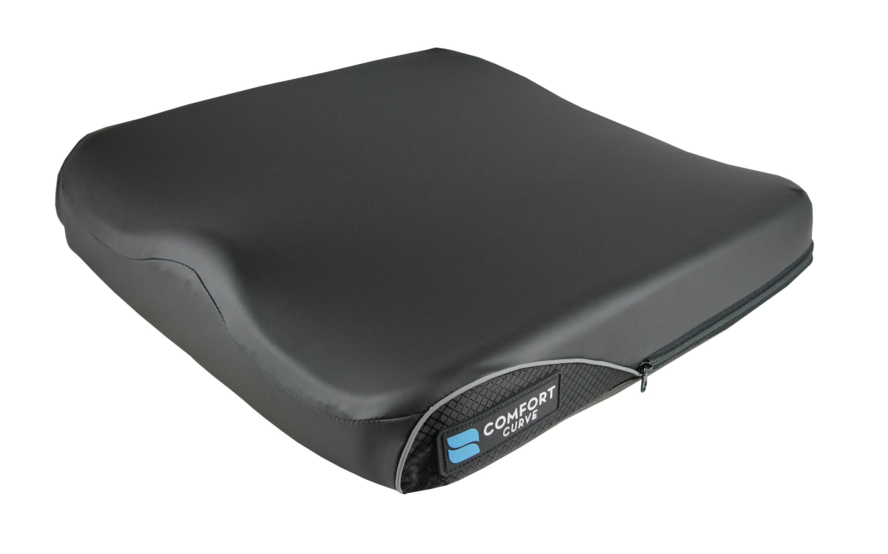 The Comfort Curve Wheelchair Cushion with Stretch-Air Cover is a black, contoured cushion designed for wheelchair seating support.