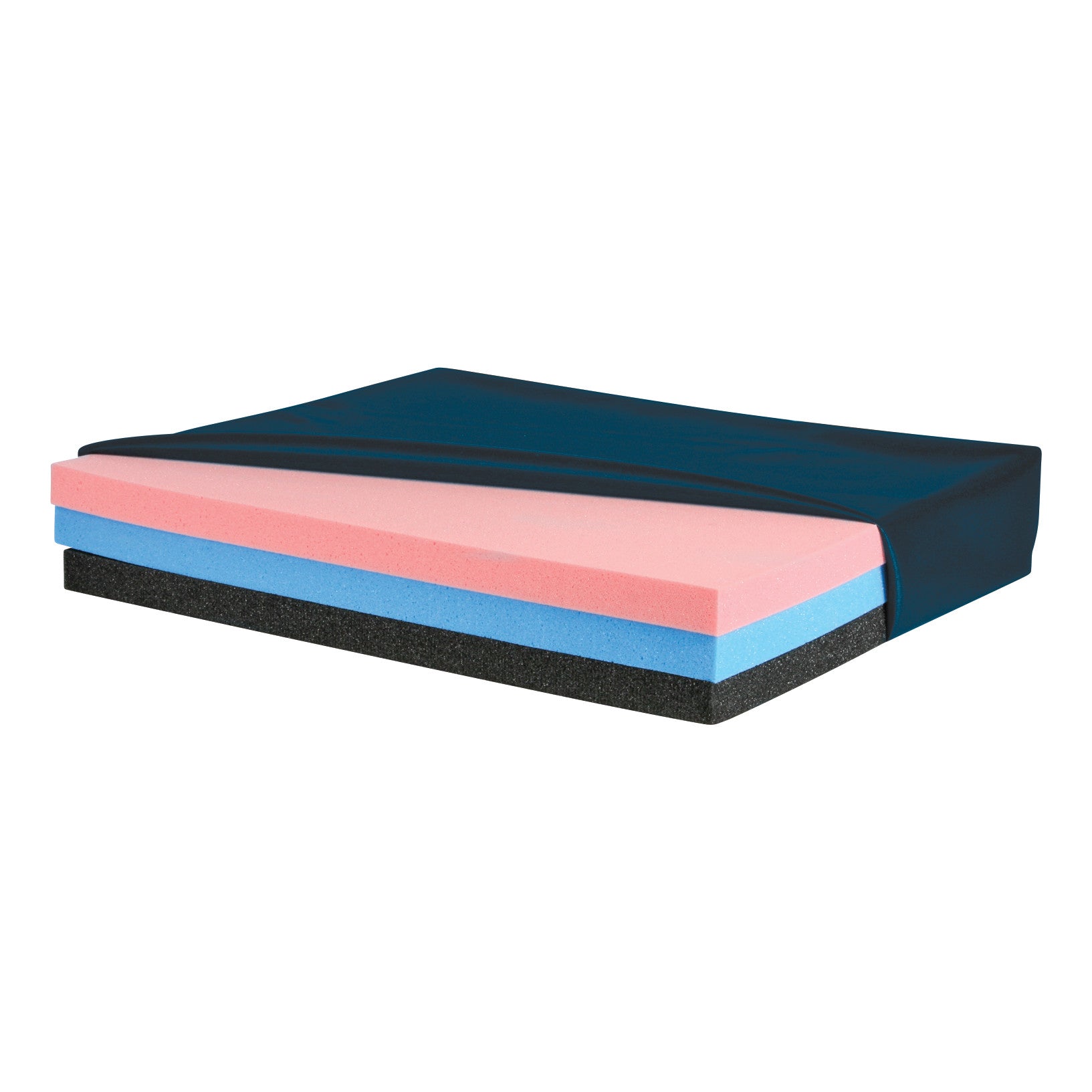 The AliMed Deluxe T-Foam Combo Wheelchair Cushion has layers of pink, blue, and black foam with a dark blue cover partially unzipped.