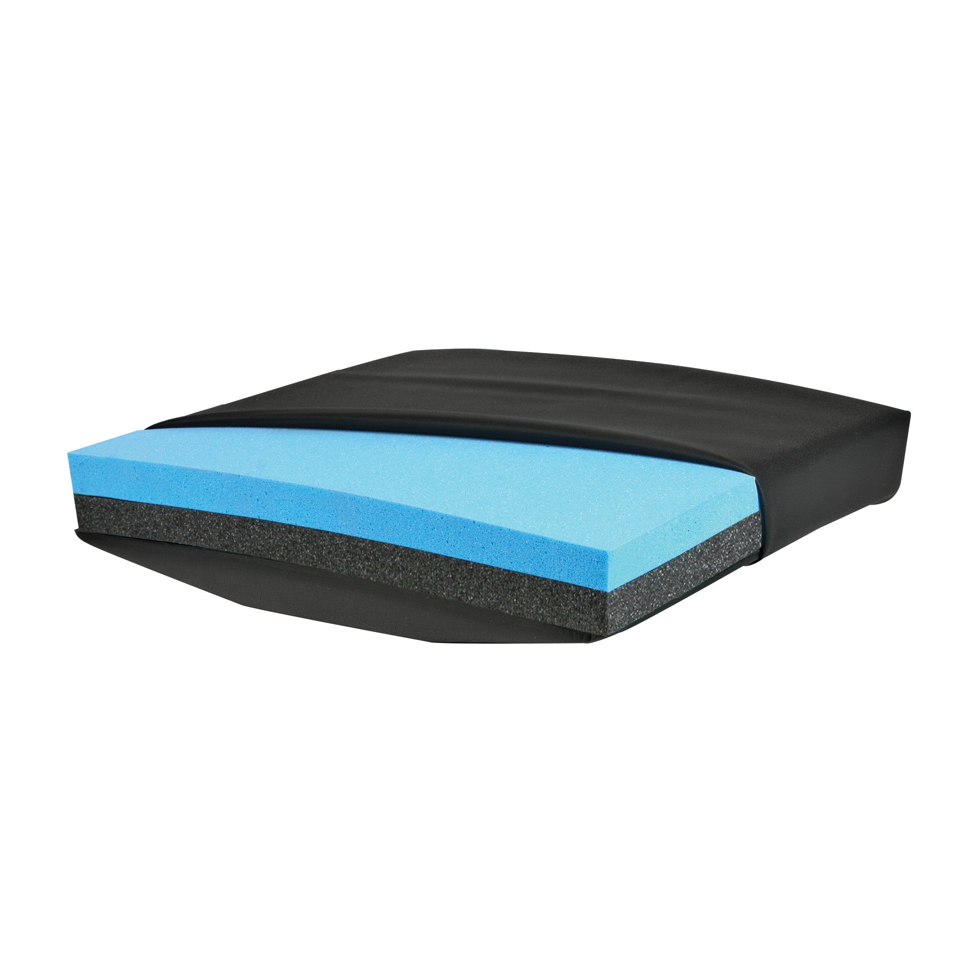 The AliMed T-Foam Combo Foam Solid Seat Insert Wheelchair Cushion is shown with layers of blue and black foam in a black cover.