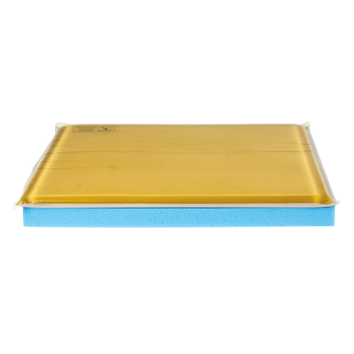AliMed T-Gel Plus Wheelchair Cushion, featuring a yellow top layer and blue foam base, viewed from the side.