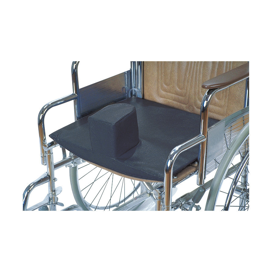 AliMed Solid Seat Insert with Pommel on a wheelchair. It's designed to provide extra support and positioning for users.