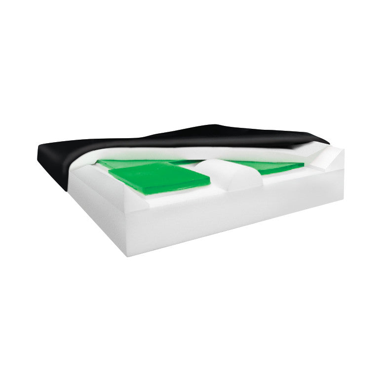 The AliMed Elite Gel Wheelchair Cushion features a black cover and a layered interior with green gel and white foam for comfort.