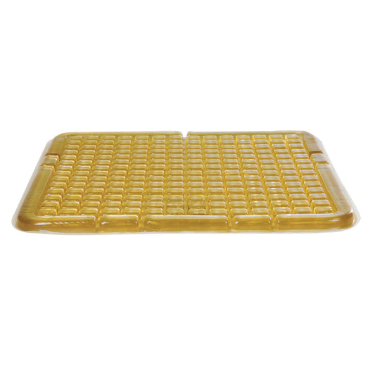 The AliMed Checkerboard T-Gel Wheelchair Cushion is a rectangular, yellow gel cushion with a checkerboard pattern for added comfort.