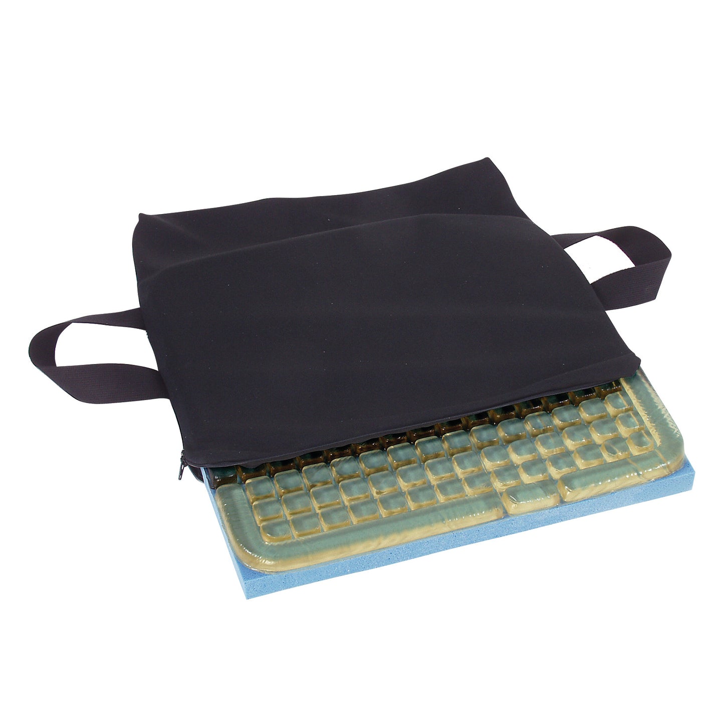 Checkerboard T-Gel Plus Wheelchair Cushion with a visible checkerboard gel structure, partially inside a black fabric cover.