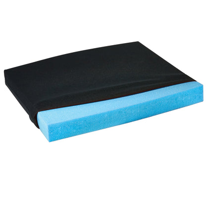 The AliMed T-Foam Uncovered Wheelchair Cushion features a blue foam core with a black fabric cover, designed for comfort and support.