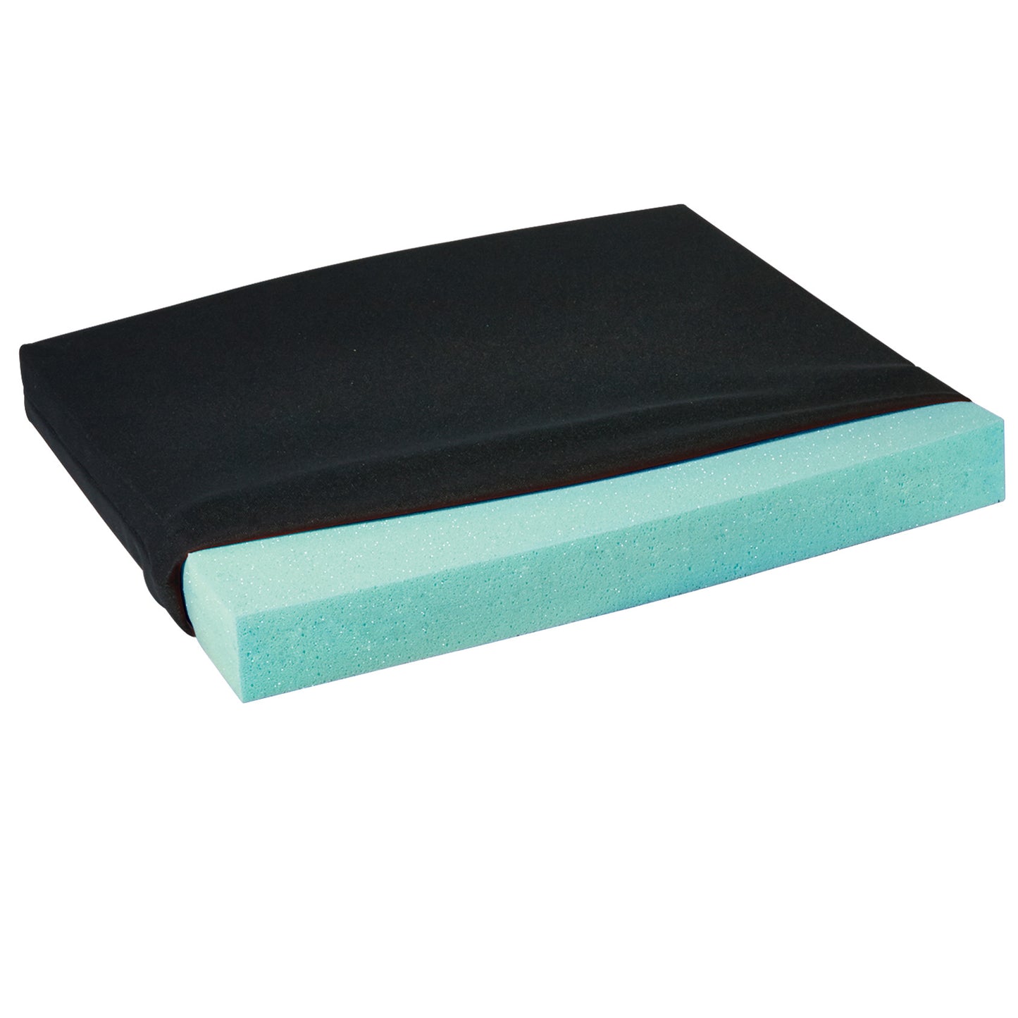 AliMed T-Foam Uncovered Wheelchair Cushion with a black cover partially open, revealing a thick, teal foam layer inside.