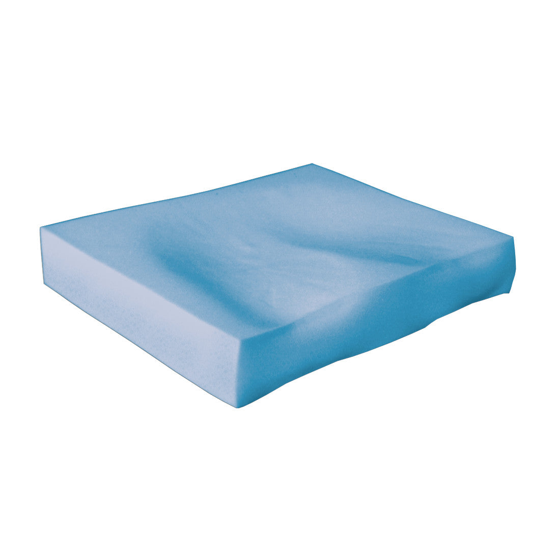 A blue AliMed Basic T-Foam Wheelchair Cushion with a rectangular shape and a slightly indented surface.