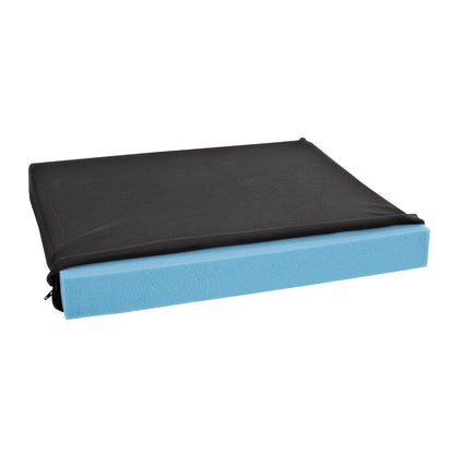 The AliMed Basic T-Foam Wheelchair Cushion is a blue foam cushion with a black cover, designed for comfort and support.
