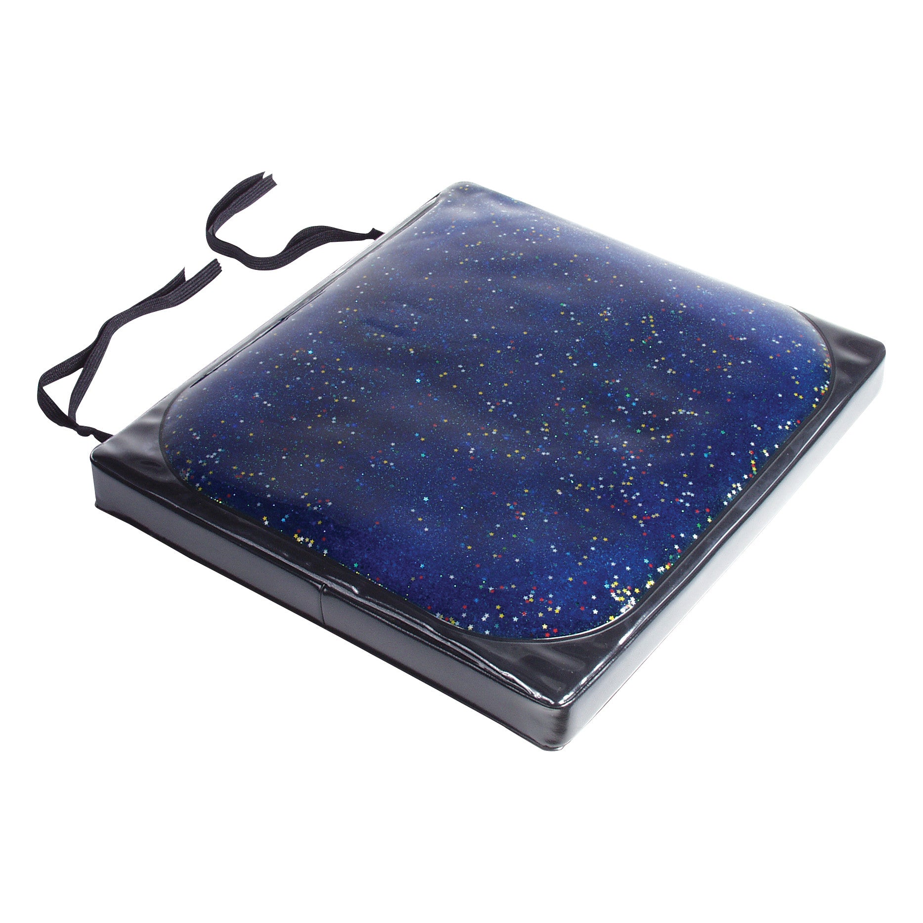 The SkiL-Care Starry Night Wheelchair Cushion features a dark blue design with star-like speckles and attached black straps.