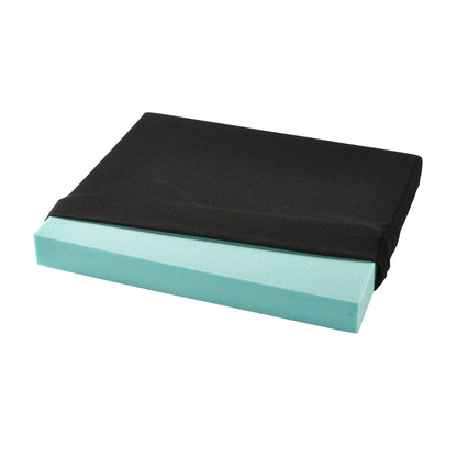 The AliMed Basic T-Foam Wheelchair Cushion is a blue foam cushion partially covered by a black fabric.