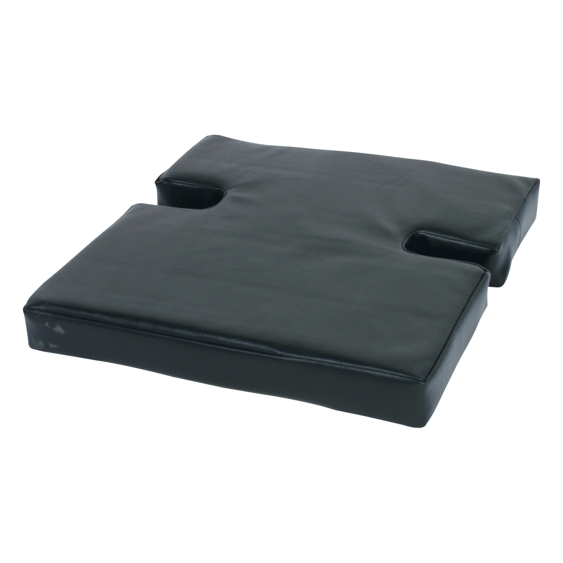 Black AliMed Drop Seat with Polyfoam Wheelchair Cushion, rectangular with two U-shaped cutouts on opposite sides.