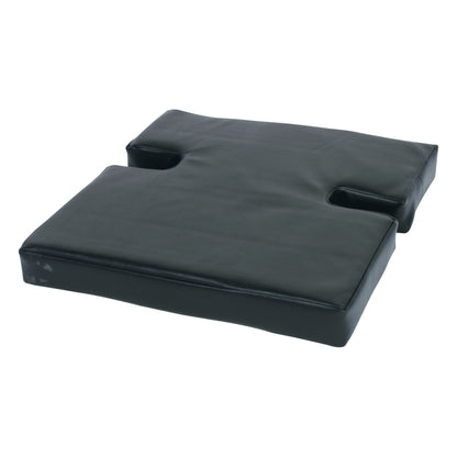 AliMed Drop Seat with T-Foam Combo Wheelchair Cushion is a black square cushion featuring cutouts for comfort and positioning.