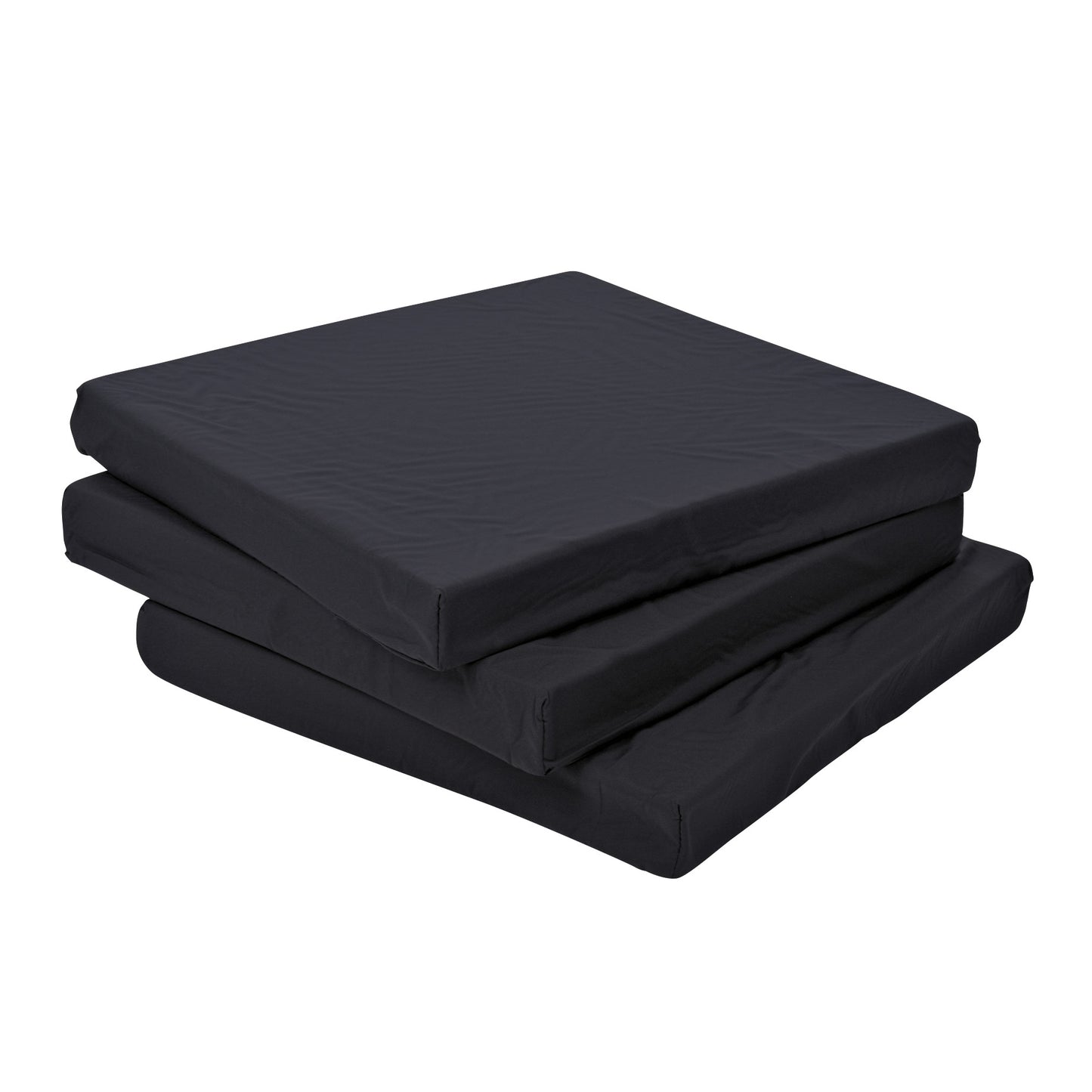 A stack of three AliMed Foam Economy Wheelchair Cushions with black covers, designed for comfort and support on wheelchairs.