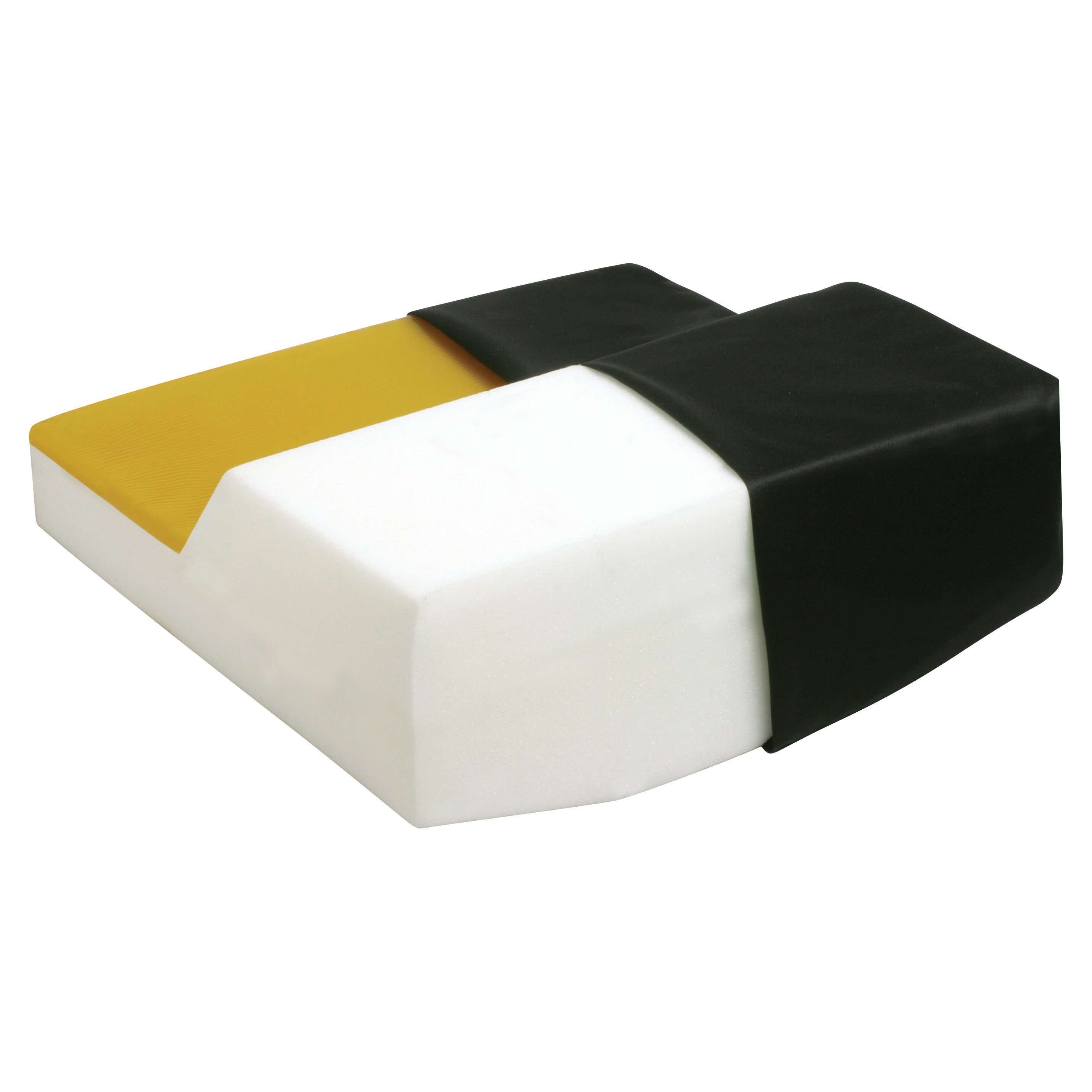 AliMed Anti-Thrust Wheelchair Cushion with Convex Base is shown with white foam padding, yellow section, and black cover.