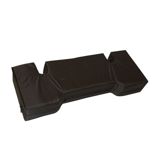 The SkiL-Care LapTop Cushion with Desk-Arm Cutout is designed for an 18"W wheelchair. It has a black, contoured surface.
