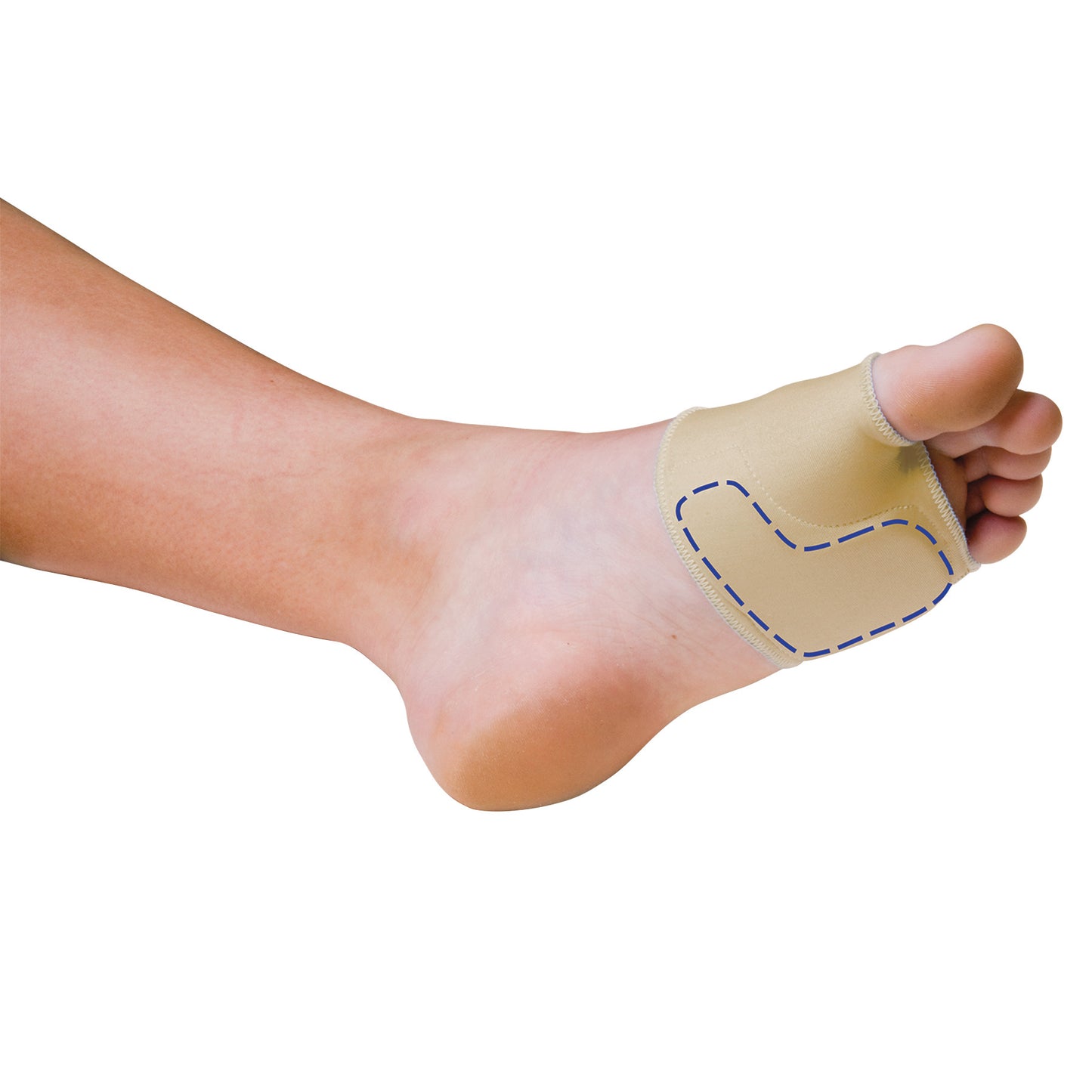 A foot wearing a PediFix Sesamoid Relief Sleeve, a beige support sleeve with a marked area, covering the forefoot and big toe.